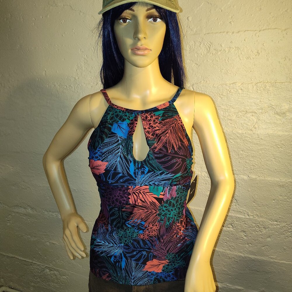 NWT Ellen Tracy Floral Blue Red Key Hole Halter Tankini Top Size 8